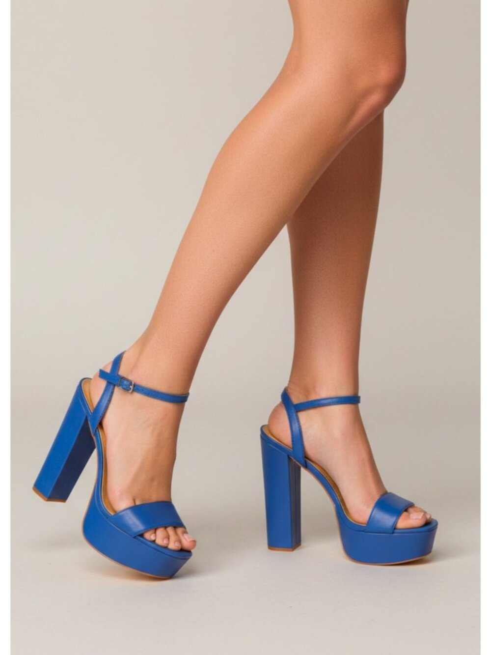 Blue Platform High-Heel Sandals With Ankle Strap Adjustable Buckle And Block Hee